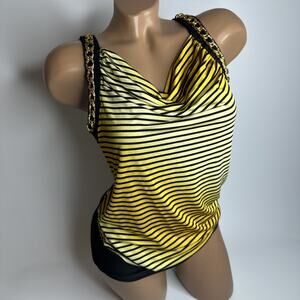 YoYo 5 Yellow Striped Cowl Neck Top M Chain Strap Y2K Clubwear McBling Made USA